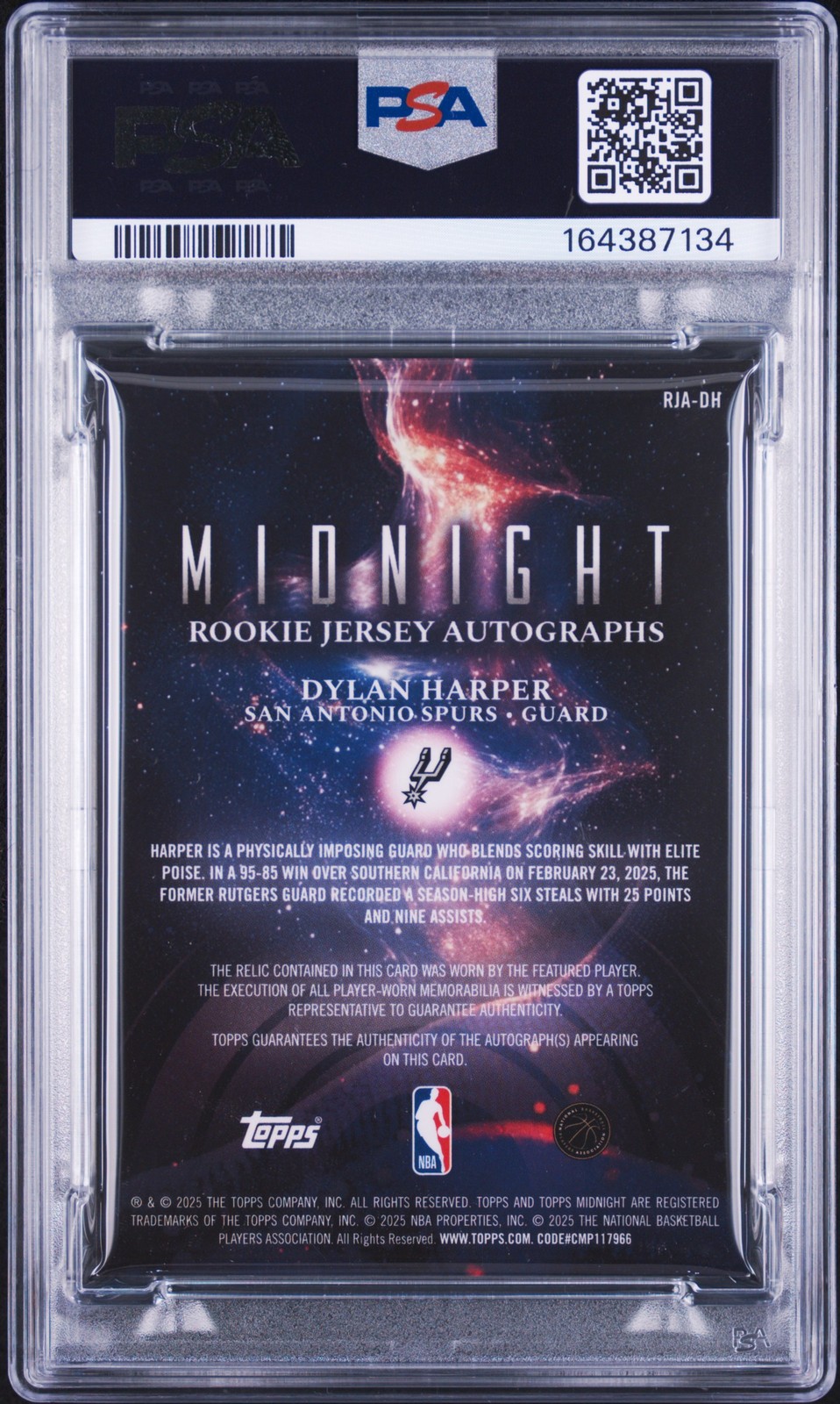 2025 TOPPS MIDNIGHT ROOKIE JERSEY AUTO #RJA-DH DYLAN HARPER ROOKIE RC PSA 7 view 2