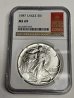 1987 NGC MS69 American Silver Eagle Dollar, U.S. Red Book Holder .999 1 oz ASE