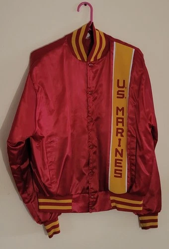 Vintage US Marines Jacket Mens Large Red Soffe Satin Varsity Bomber Made USA 80s image 2