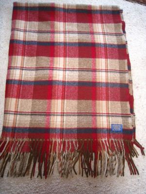 Vntg Pendleton Virgin Wool Red/Navy/Brown Plaid Throw Blanket Made In USA 52x62 