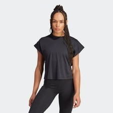Adidas Womens Black Cropped Studio Shirt Yoga Training Entertainment Size L NWT