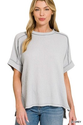 Zenana Women's Raised Rib Cuff Sleeve Raw Edge Top - Light Grey