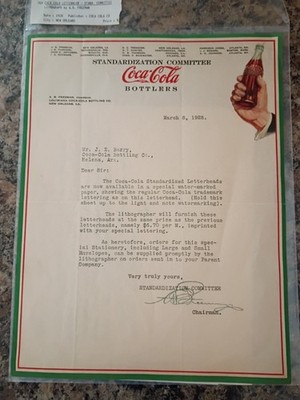 1928 Coca-Cola Letter Announcing Standardization Commitee Watermark Letterhead