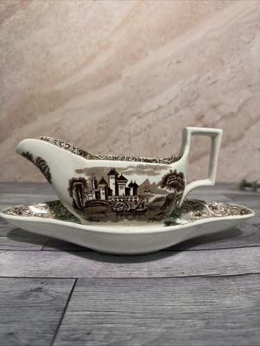 RARE J&G Meakin Romantic England Brown Gravy Boat & Underplate Stokesay