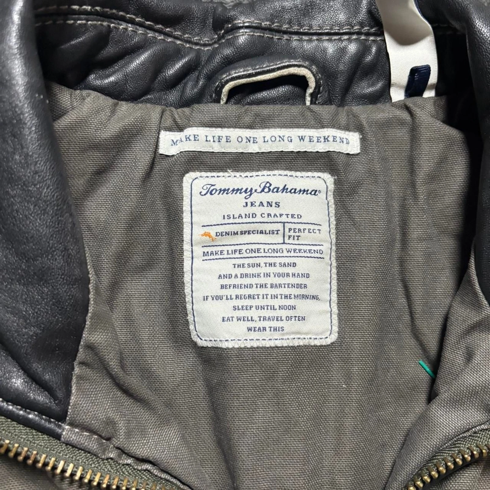 Tommy Bahama Moto Canvas Jacket Men’s L green Black Leather Accents Biker image 2