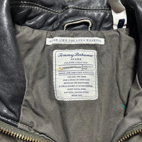 Tommy Bahama Moto Canvas Jacket Men’s L green Black Leather Accents Biker image 2