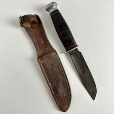 Vintage Kinfolks INC Fixed Blade Stacked Leather Handle w/ Leather Sheath