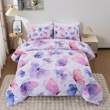 3 Piece Butterfly Pattern Girls Comforter Set, Colorful Ink Queen Purple Pink