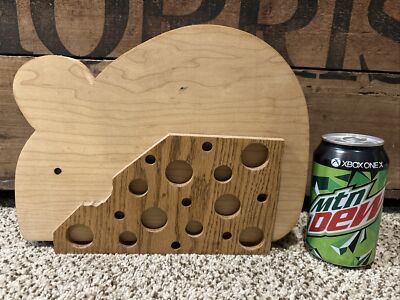 Handmade Wood Cutting Bread Board Mouse with Swiss Cheese Holder Stand