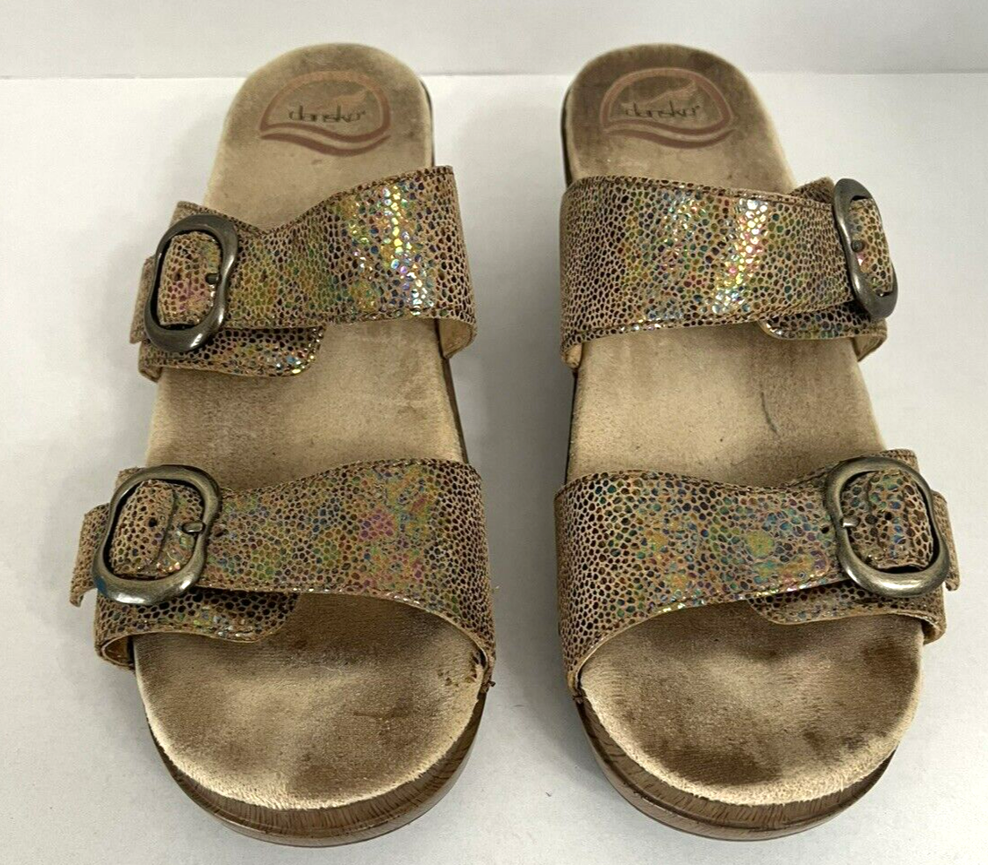 Dansko Shoes Sandals 38 Gold Iridescent Leather Comfort Wedge Slide  Clogs