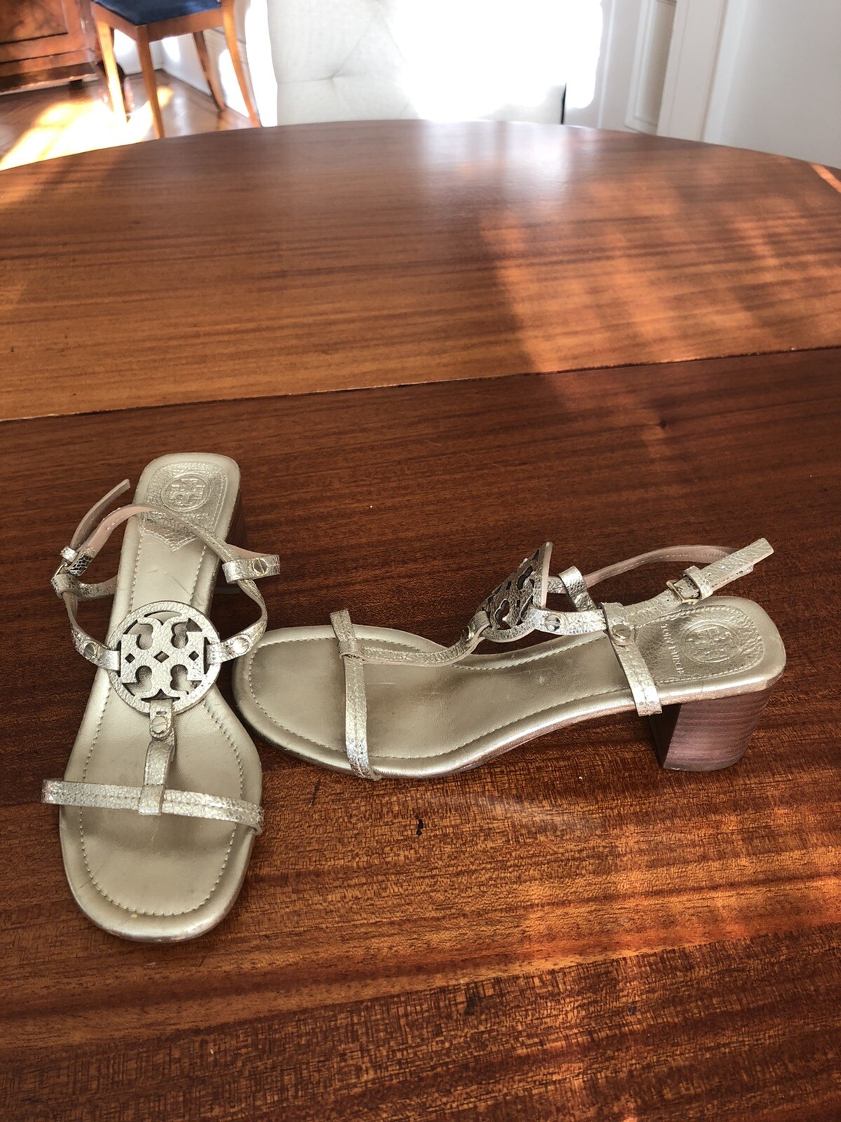 New Tory Burch MILLER Gold Mid Heel Block Sandals Leather, Sz 9.5 M | eBay