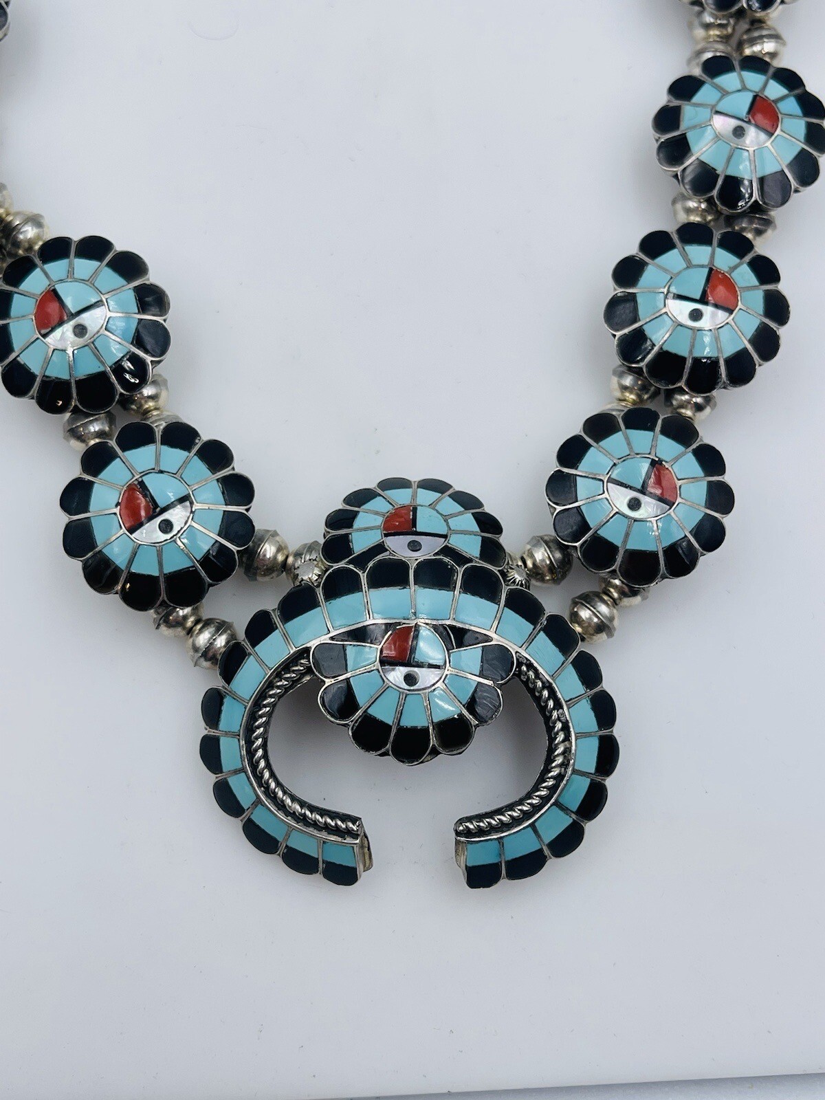 Burdian Soseeah Zuni Sterling Silver Turquoise Squash Blossom Sunface