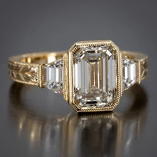 Three Stone Moissanite Engagement Ring Emerald Cut Milgrain Bezel Wedding Ring
