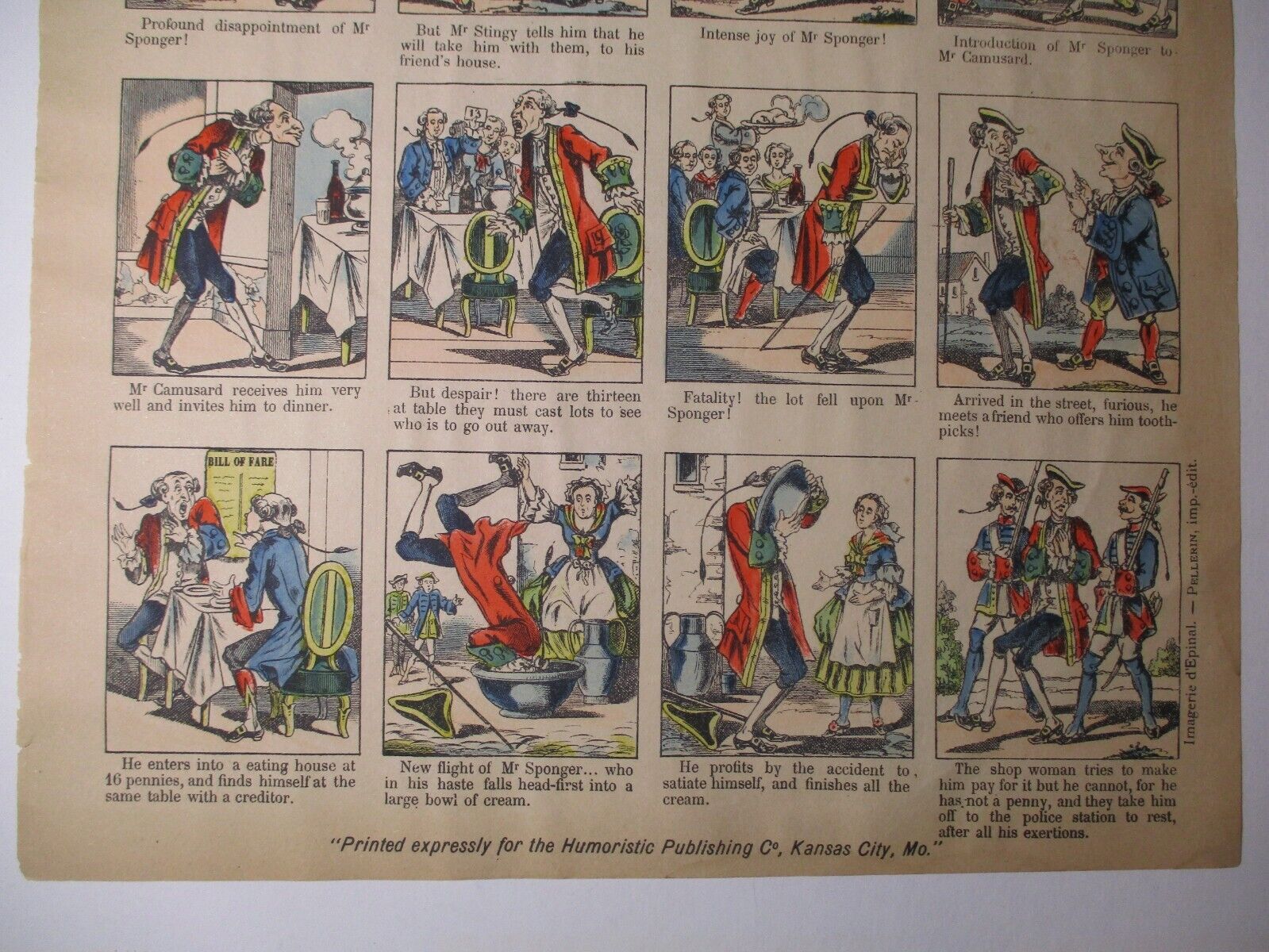 1888 Very Early COMIC STRIP Hand-Colored IMAGERIE d'EPINAL MR. HEEDLESS #  21