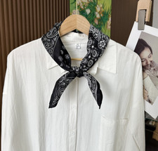 Pure 14 Momme Twill Silk Wrap Scarf Bandanna Black cashew Print Square Shawl 27"