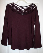 Women's Lucky Brand L Purple Lattice Yoke 3/4 Sleeve Knit Top NWT
