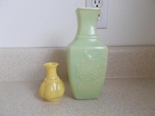 vintage RETRO Pair CASED VASES 1 green clear & white 1 miniature yellow Jeannie
