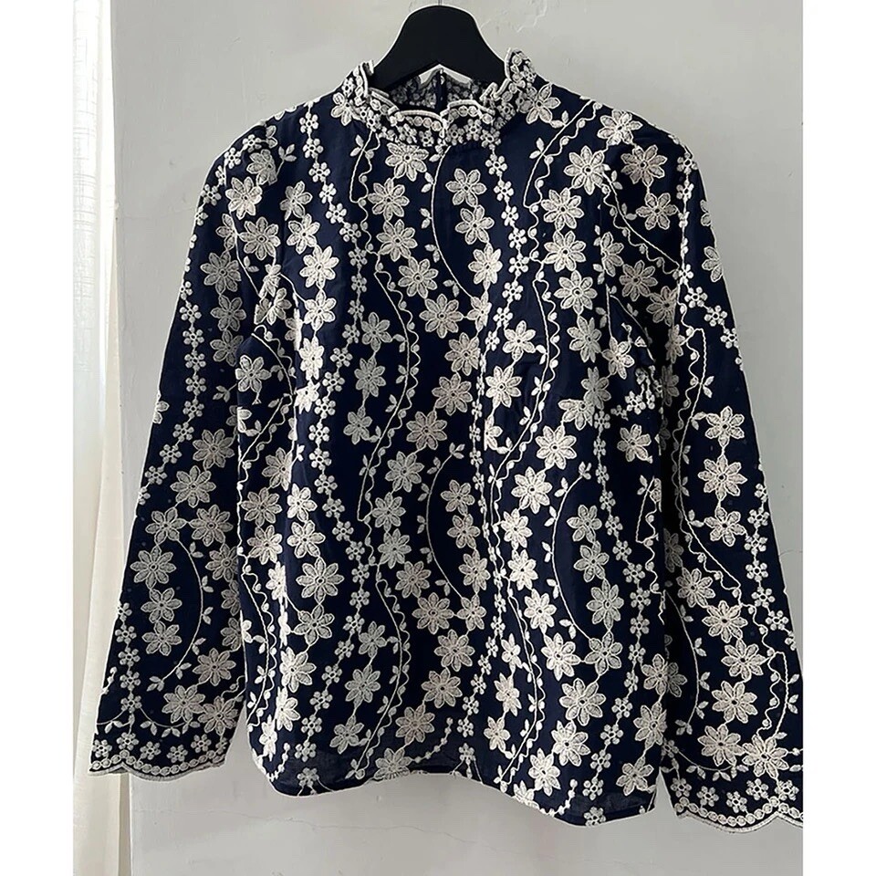 フランスアンティーク　トップス Sezane French Vintage Retro Blouse M 38 Flower Embroidery