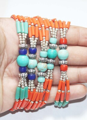 Tibetan Turquoise Lapis Coral Gemstone Handmade Nepali Bracelet  Size 7.8 Inches