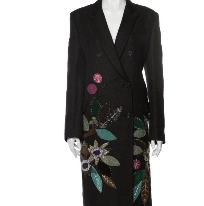 Clements Ribeiro Wool Trench Coat W Floral Embellishment.