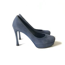 YSL Palais Platform Heels Pumps Womens 37.5 7.5 Blue Suede Yves Saint Laurent