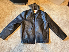 Men's Black Faux Leather Biker Jacket Full Zip Stand-Up Collar Mid-Length XXL