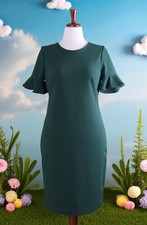 CALVIN KLEIN $118 Solid Green Crepe Stretch Ruffle Sleeve Dress Size 10