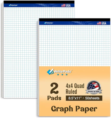 Graph Paper Pads 8.5 x 11, 4x4 Quad Ruled Graph Paper, 2 Pack, 50 Sheets Per Pad