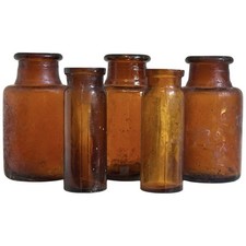 Lot of 5 Antique Amber Glass Apothecary Jars 1900-20s Medicine Bottles Vintage