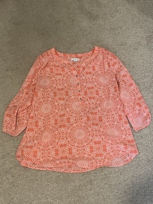 Croft & Barrow Women s Large Coral Floral 3/4 Sleeve Blouse Top L