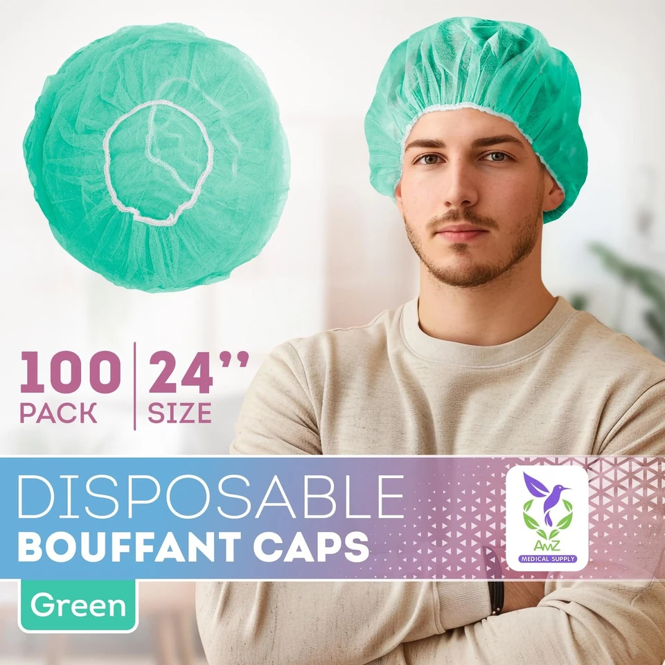 100ct Hair Net Bouffant Cap Green Non Woven Head Cover Industrial 24" - Image 2 of 4