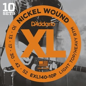 D'Addario Nickel Electric Guitar Strings, Light Top/Heavy Bottom, 10-52, 10 sets