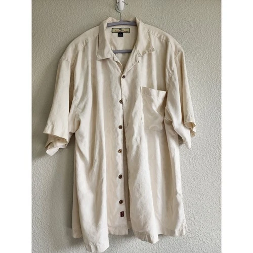 Tommy Bahama Mens Large Cream Silk Jacquard Palm Tree Camp Shirt Button Up - product listing photo