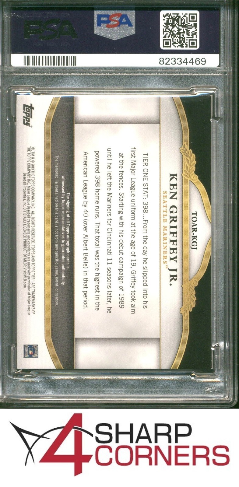 2013 TOPPS TIER ONE AUTO RELICS KEN GRIFFEY JR. HOF #/99 POP 1 PSA 8 DNA AUTO 10 view 2