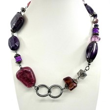 Vintage Retro Purple Magenta Asymmetric Multi Bead Chunky Statement Necklace