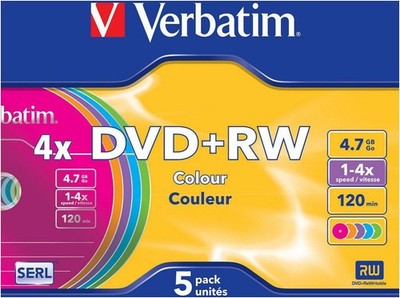 Verbatim DVD-Rohlinge DVD+RW 4,7GB 4X 5er SC Colour Ser 5 Stüc