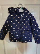 Image of Navy Blue Heart Print Hooded Coat Fleece Lined Age 12-18 Months Bnwot Pockets