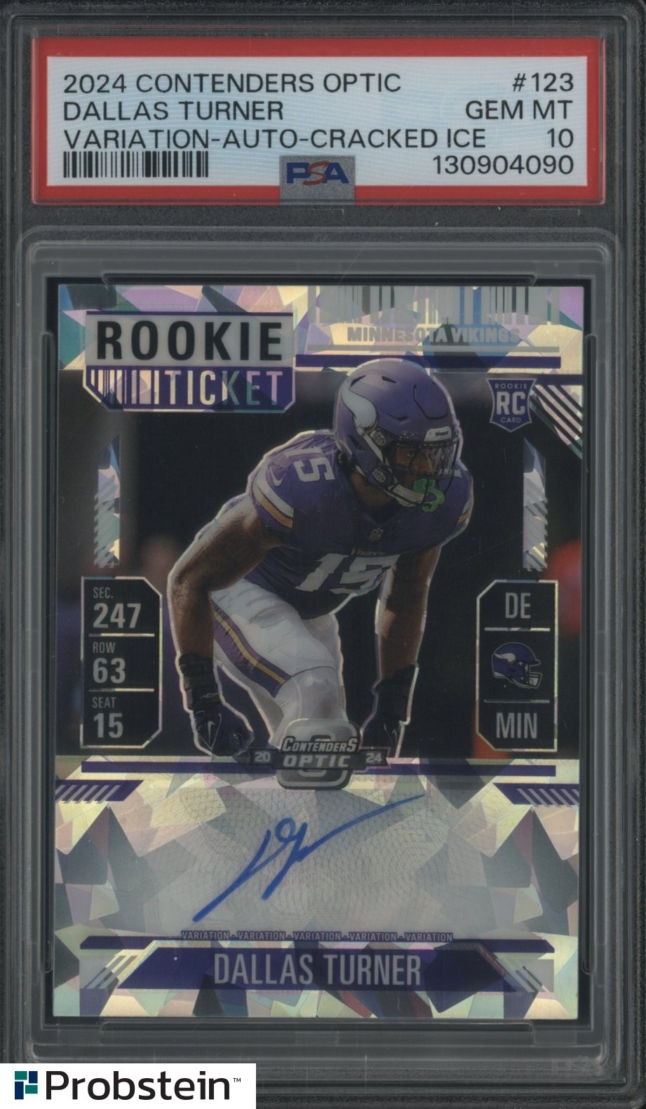 Dallas Turner Panini Contenders Optic #123 Autograph-Cracked Ice