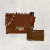 Michael Kors Mk Tasche Crossbody Portemonnaie Jet Set Travel Cece Braun Gold Neu