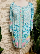 Lilly Pulitzer Go Anywhere Dress XS Blue Floral Print Off Shoulder Bell Sleeve
