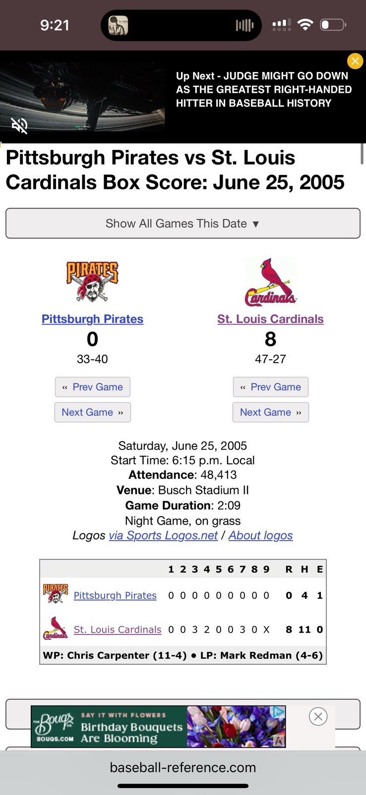 St Louis Cardinals Busch Stadium FINAL SEASON Base 06/24/05 MLB AUTHENTICATED