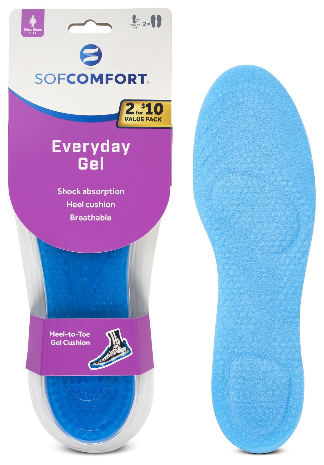 Sof Comfort Everyday Gel Women's Insole 2-Pack, Size 5-11, Trim-to-Fit
