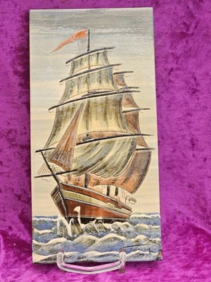 Wandkeramik Fliesenbild Segelschiff  Vintage 70er sign. Jose Torres Spanien