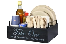 Paper Plate Holder Utensil Caddy Organizer - Rustic Wood Disposable Plate Dis...