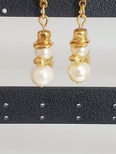 Avon Vintage Gold Tone And Faux Pearl Snowman Dangle Earrings