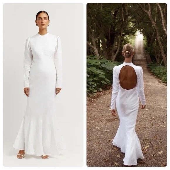 Dissh Dress AU 10 US 6 Aisle White Linen Sleeve Midi Maxi Wedding Bride  Backless | eBay UK