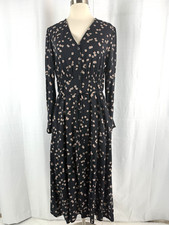 UNIQLO Womens Floral Black Dress Maxi V-Neck Long Sleeve Large Cottagecore Flowy