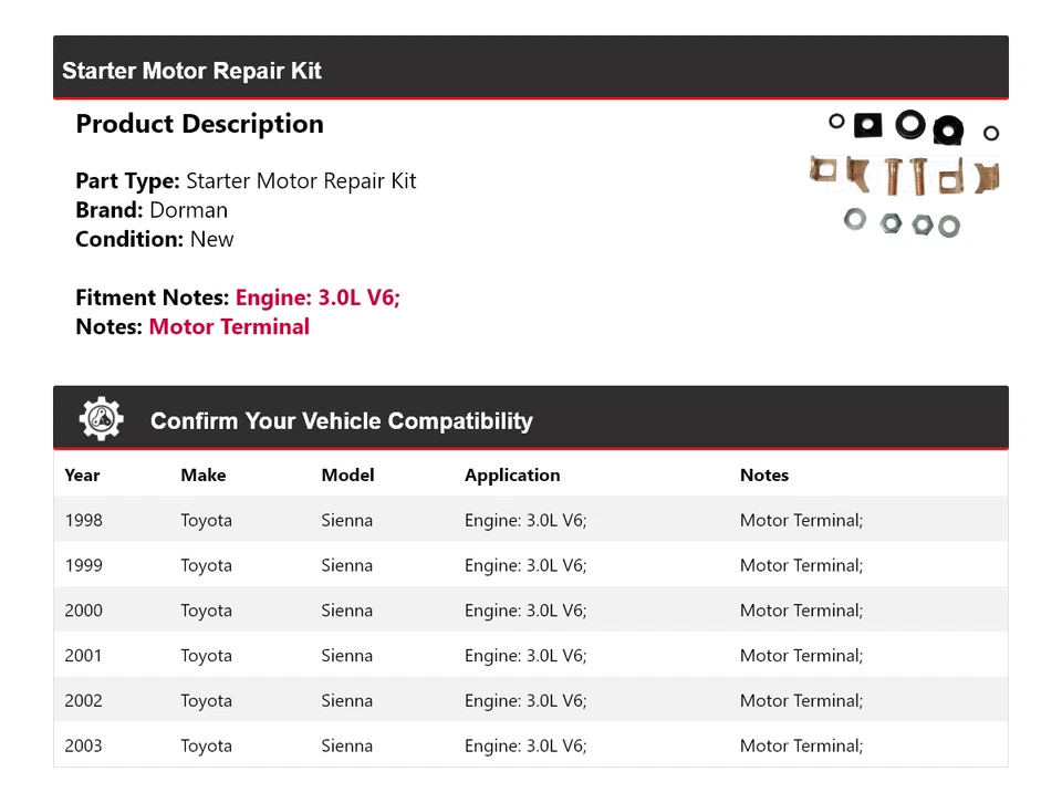 Kit de reparación de motor de arranque Dorman V6 3,0 L para Toyota Sienna 1998-2003 1999 2000 Foto 2 de 4