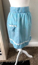 Vtg MCM HAND STITCH Waist HALF APRON Aqua Blue Gingham COTTON Embroidered Old