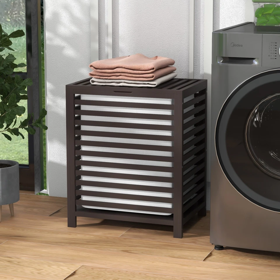 HOMCOM Cesta de Lavandería de Bambú con Tapa, Cesta de Lavandería con Bolsa de Forro Extraíble,Di Foto 2 de 4